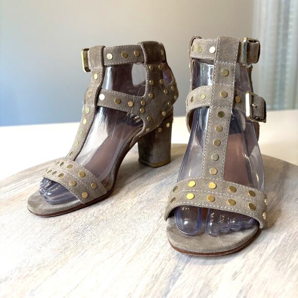 Laurence Dacade Suede Studded Block Heel Sandals Gray Taupe EU 37.5 US 7.5 Italy - Picture 3 of 13